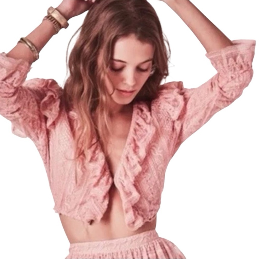 LoveShackFancy Macey Peach Pink V-neck Ruffle Trim Coquette Cottagecore Crop Top